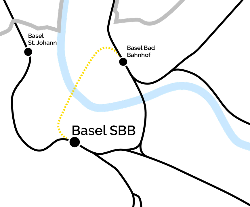 Die Durchmesserlinie (gelb) verbindet den Bahnhof SBB mit einem Tunnel direkt mit dem Badischen Bahnhof.